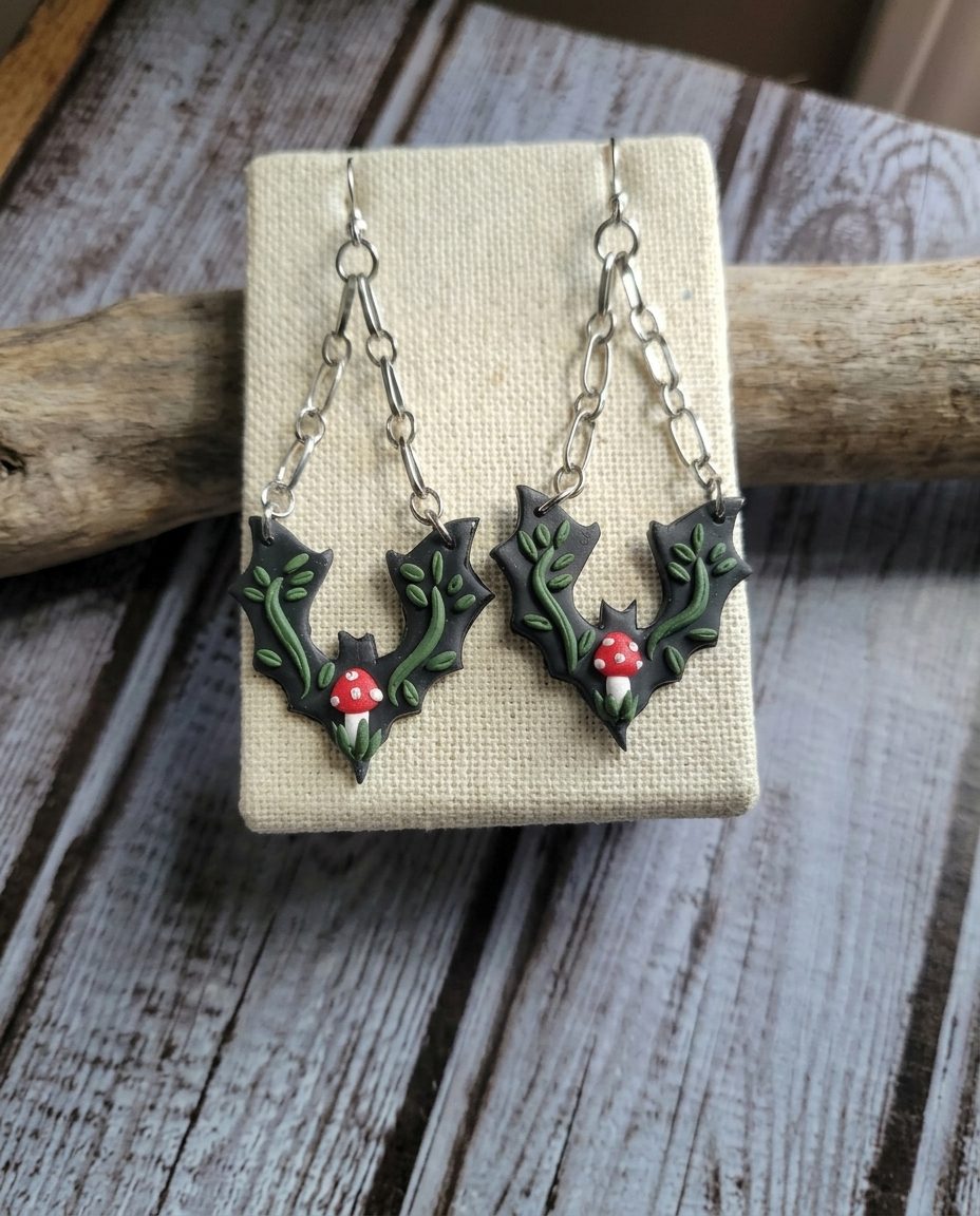 Red Mushroom Bat Chandelier Earrings