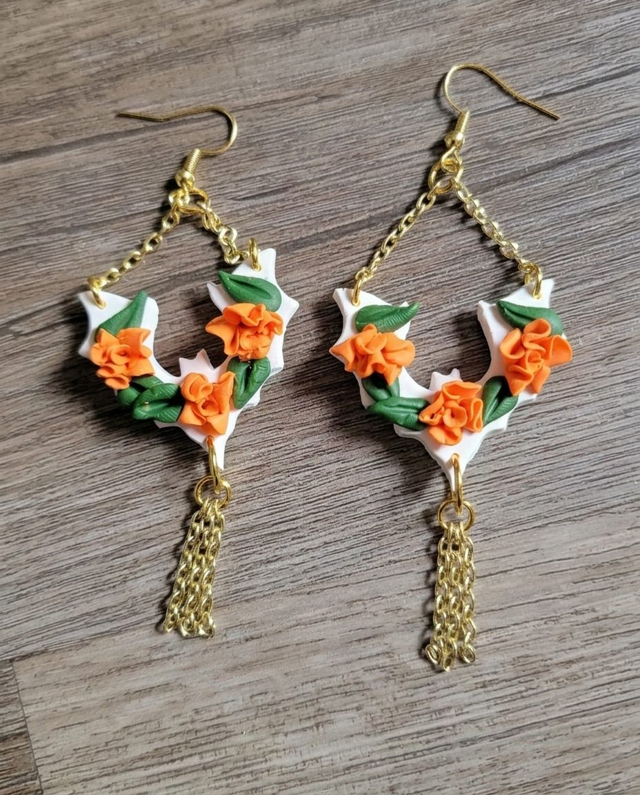 Floral Bat Fringe Earrings (orange)