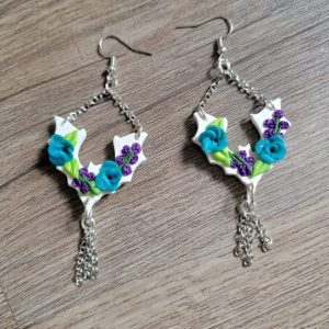 Floral Bat Fringe Earrings (blue)