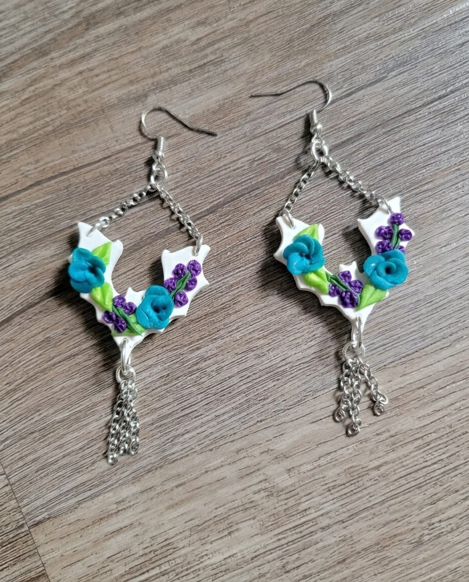 Floral Bat Fringe Earrings (blue)